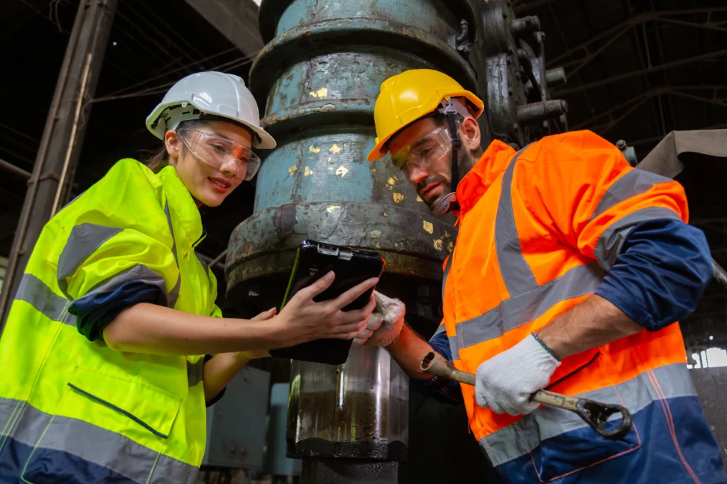 Dos ingenieros inspeccionan y configuran un dispositivo utilizado en ensayos no destructivos como parte del análisis técnico en campo