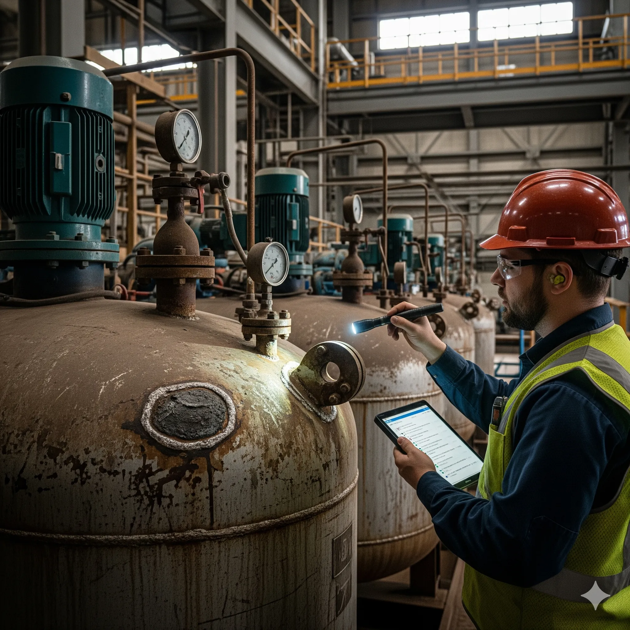 Técnico usando lámpara y tablet para inspección de recipientes a presión en planta industrial