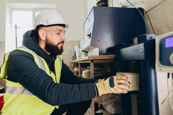 Especialista con casco coloca un bloque de prueba en la máquina industrial para iniciar un ensayo de dureza.
