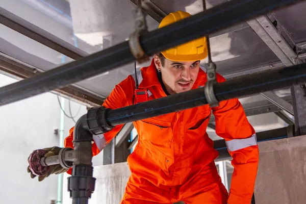 Operario inspecciona una válvula industrial durante una revisión de mantenimiento predictivo de rutina.