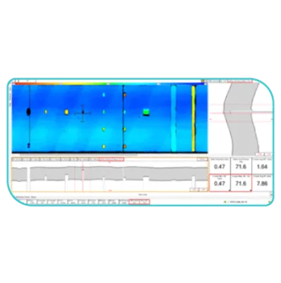 Ultrasonido IRIS en tubos de intercambiadores de calor mostrando un perfil de pérdida de pared del 71.6 por ciento.
