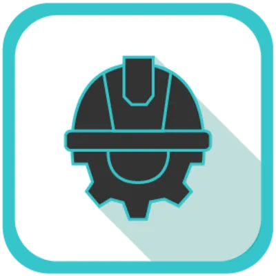 Ícono de engrane industrial con casco de seguridad, representación visual del servicio de clasificación e identificación dentro del servicio de inspección