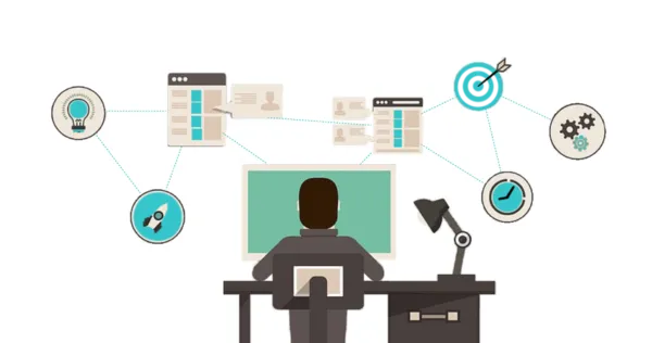 Ilustración de un técnico frente a una computadora analizando datos, rodeado de íconos representativos del servicio de inspección industrial