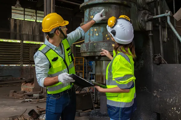 Ingeniero e ingeniera inspeccionan componentes industriales en planta mientras revisan información en una tablet