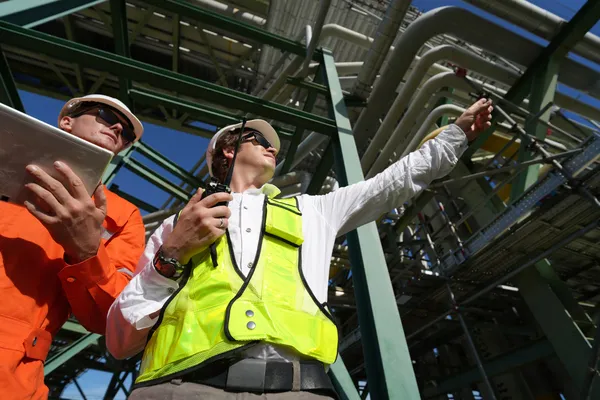 Técnicos inspeccionando tuberías industriales para una empresa de ensayos no destructivos.