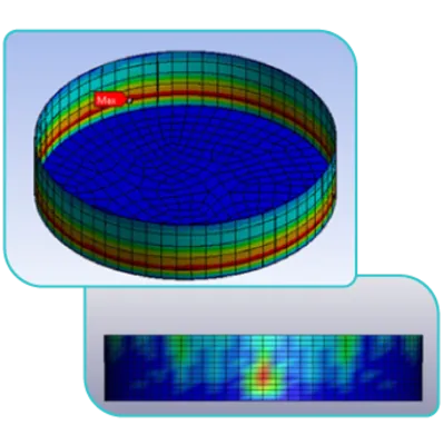 Gráfico tridimensional de un modelo por elementos finitos empleado para la inspección de tanques y el análisis de estrés