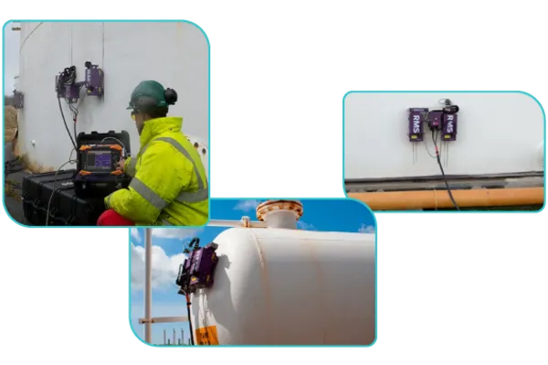 Un especialista realiza el mapeo de corrosión en la pared de un tanque, utilizando tecnología avanzada para evaluar su estado