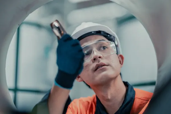 Un técnico con casco y gafas de seguridad realiza una inspección de soldaduras a través de una abertura circular.