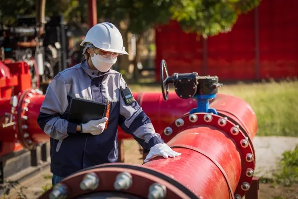 Ingeniera revisando tuberías rojas durante un proceso de inspección de soldaduras e infraestructura en exterior.