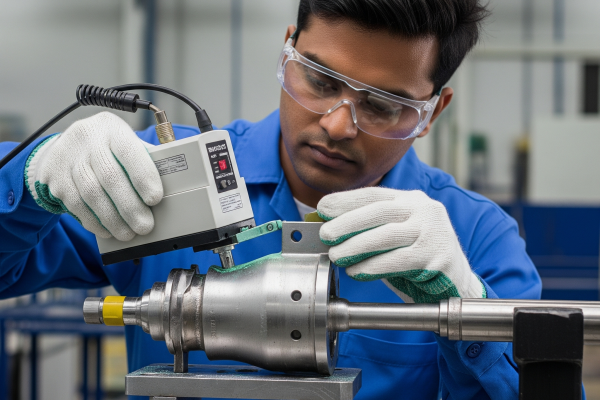 Técnico industrial aplicando el método de inspección por partículas magnéticas sobre un componente estructural para detectar fallas superficiales