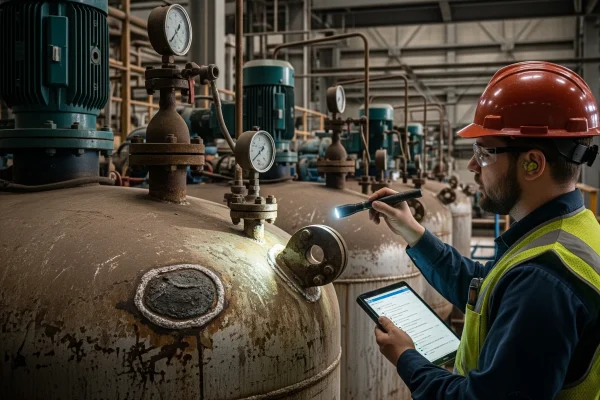 Técnico usando lámpara y tablet para inspección de recipientes a presión en planta industrial